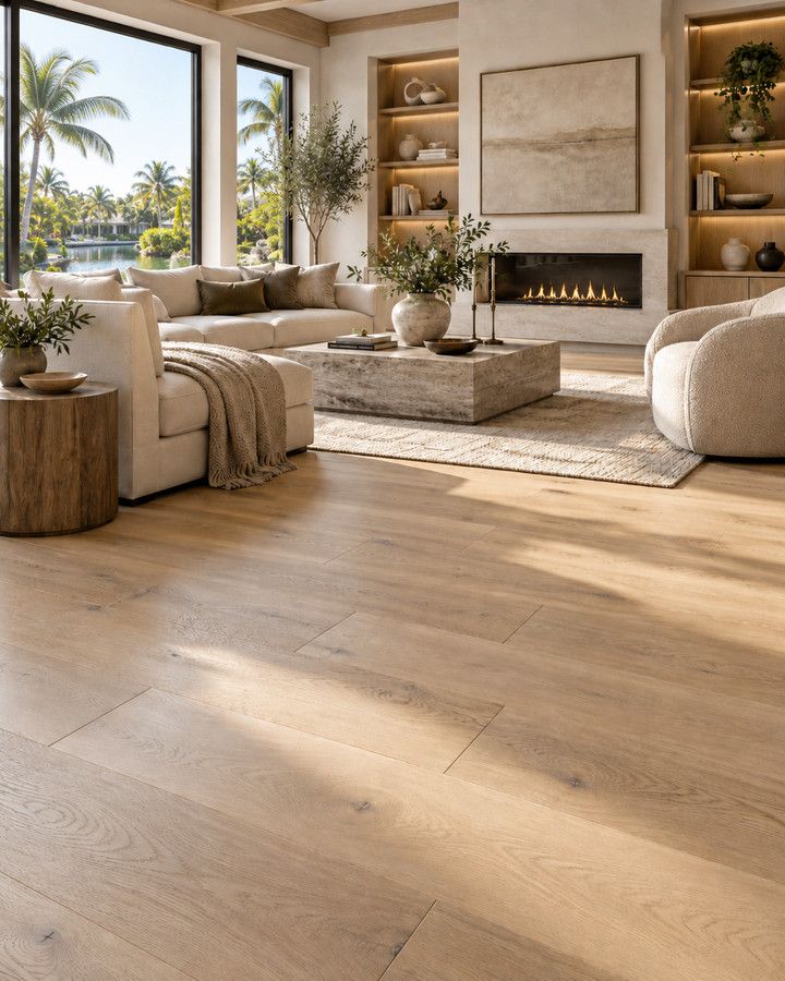 Living room with a light oak plank floor